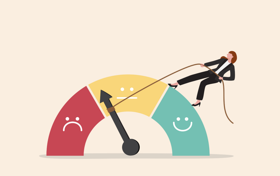 An illustration featuring a woman pulling a credit score meter upwards, symbolizing the effort and attention required to enhance her credit score. The image conveys the idea of actively managing and improving one's credit score to achieve better financial outcomes. Her action signifies the steps individuals can take to elevate their creditworthiness and secure a brighter financial future.