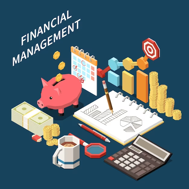 Image of a piggy bank, calculator, and the words 'financial management' in the context of cash rate, symbolizing prudent financial planning and savings strategies