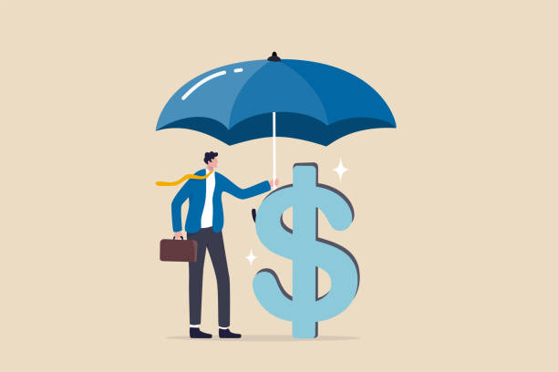 Illustration of a man holding an umbrella over a pile of money, symbolizing the protection and security offered by early income protection. Safeguard your financial future today.