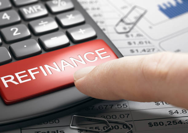 A financial calculator featuring a prominent 'Refinance' button, symbolizing refinancing options for loans or mortgages.