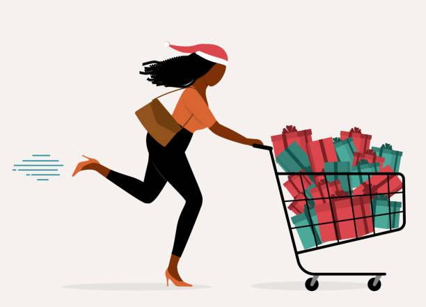 Young woman rushing with an overflowing shopping cart, capturing the excitement and frenzy of last-minute holiday shopping.