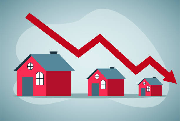 Illustration of a row of houses sitting atop a downward-pointing arrow, symbolizing the recent decline in Australian home values.